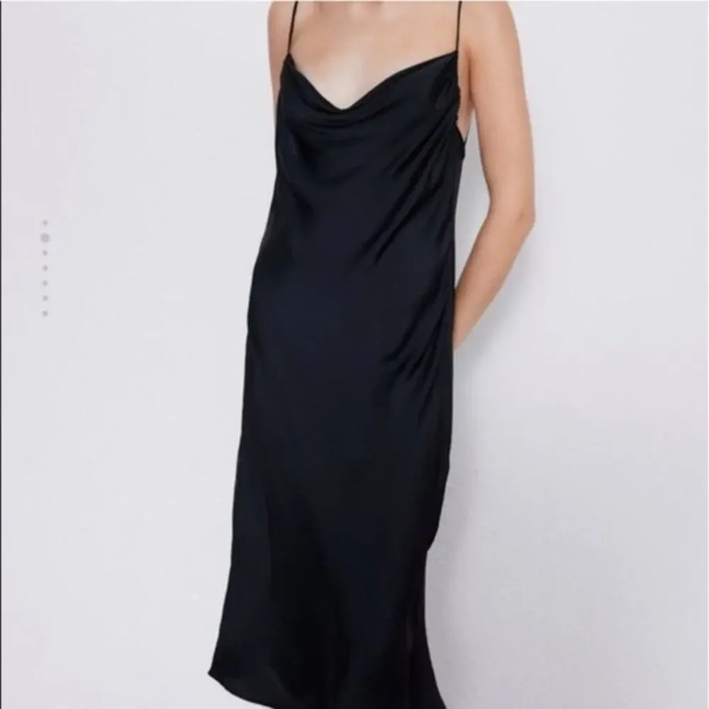 ZARA Classic Black Satin Midi Slip Dress Size M